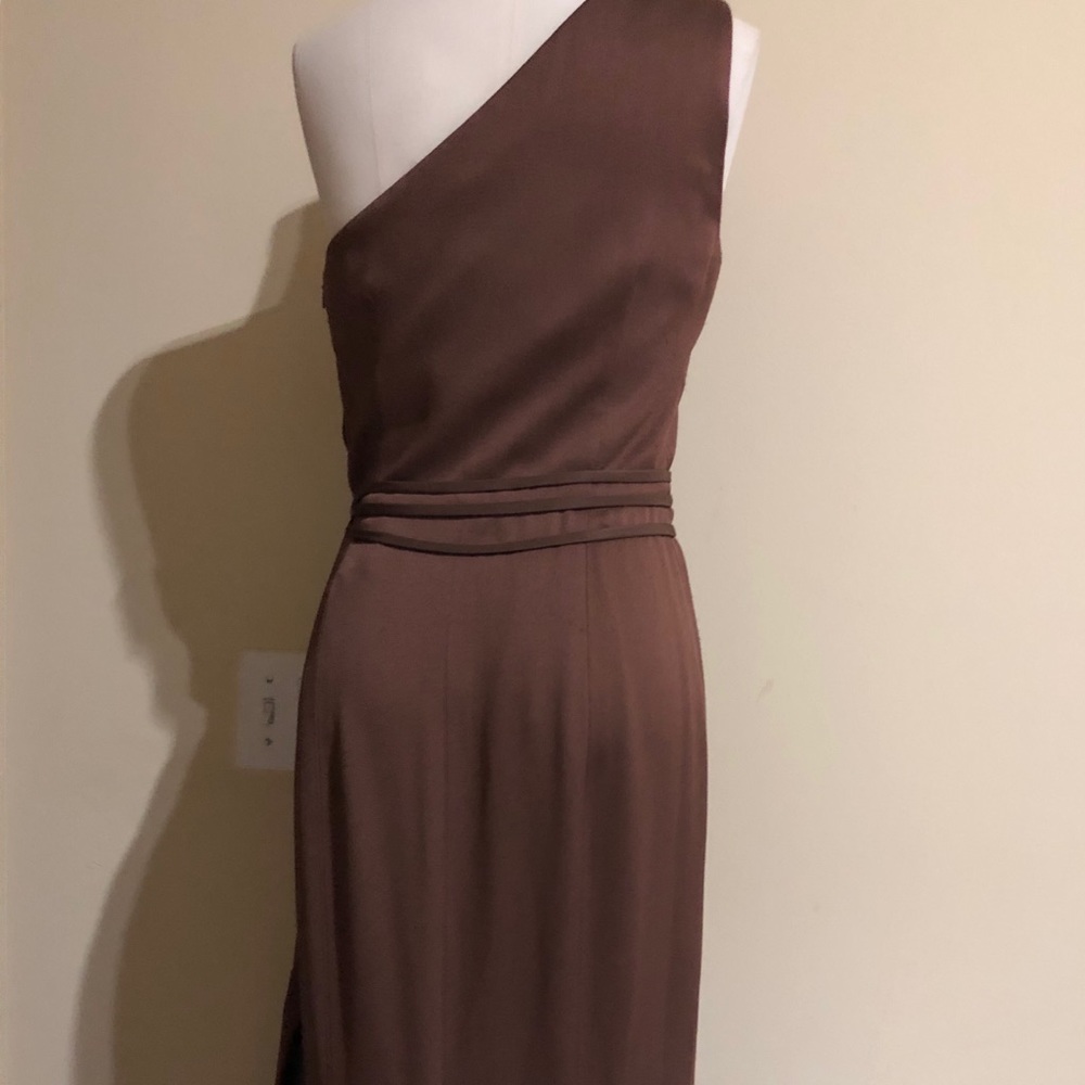 Long brown one shoulder gown